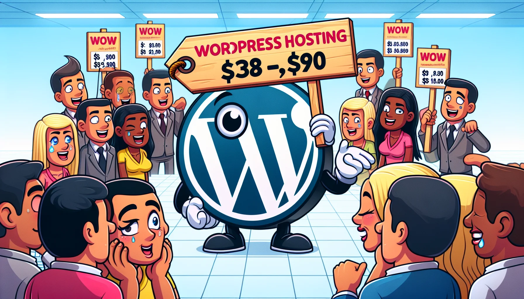 Create a humorous and enticing image that reveals a low-cost WordPress hosting scenario. The scene should display a cartoon WordPress logo winking and holding a price tag showing a ridiculously low price. This should be set in a virtual marketplace filled with other logos displaying visibly higher prices. In the background, spectator characters with various reactions – some surprised, some intrigued, and others laughing – at the unbelievably low cost of the WordPress hosting. Ensure to incorporate individuals of differing genders and descents such as Hispanic female, Black male, Caucasian male, Middle Eastern female, South Asian male and a White female.