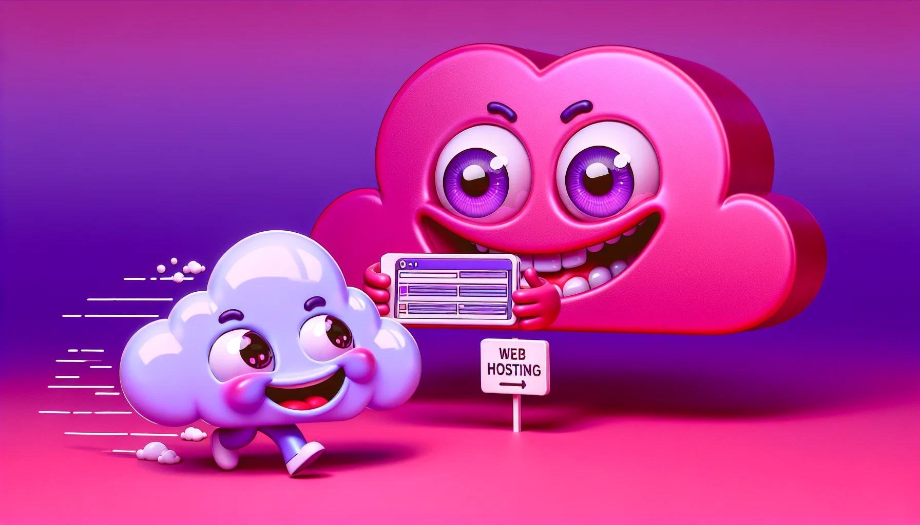 Create a humorous representation of a fictional web design tool, colored predominantly in shades of magenta. A cartoonish scene showing the web design tool, having eyes and a grin, swiftly putting together a website. The digital cloud next to it giggles while it holds a sign saying 'Web Hosting'. The whole scene should emanate a light lighthearted, enticing vibe.