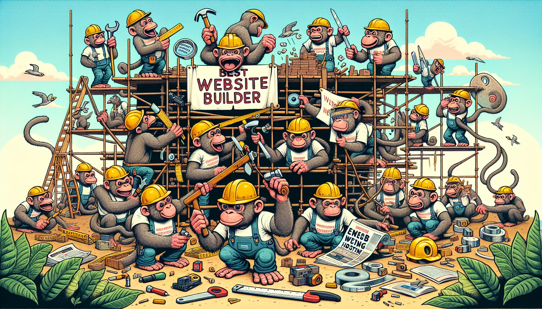 Create a humorous image that depicts a scene related to website building. Main elements of the image include a variety of anthropomorphic cartoon monkeys, akin to the ones in comic strips, putting together a website with old-fashioned construction tools like hammers, saws, and tapes. They wear hardhats and humorous expressions of concentration and effort. One monkey is holding up a big sign that reads 'Best Website Builder'. Another monkey is unfolding a big banner that says 'Enticing Web Hosting'. The whole scene gives the impression of a mock construction site. Include characters and elements frequently associated with tech culture and web development.