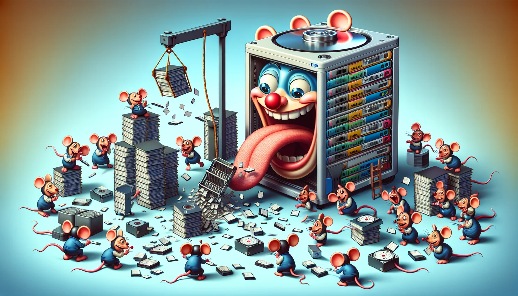 Create a detailed and realistic image of a humorous scenario related to web hosting. A whimsically styled computer server, resembling a cheeky, animated character, is tediously organizing stacks of files that symbolize data. Nearby, a team of stylized computer mice, depicted as a diverse group of web technicians of various descents and genders, are busily providing managed backup services. They're using a giant, comical pendulum-style hard drive swing to launch bits and pieces of data, one by one, into the server's open mouth. This entire spectacle should evoke playful laughter and yet also emphasize the meticulous attention dedicated to backup processes in web hosting environments.