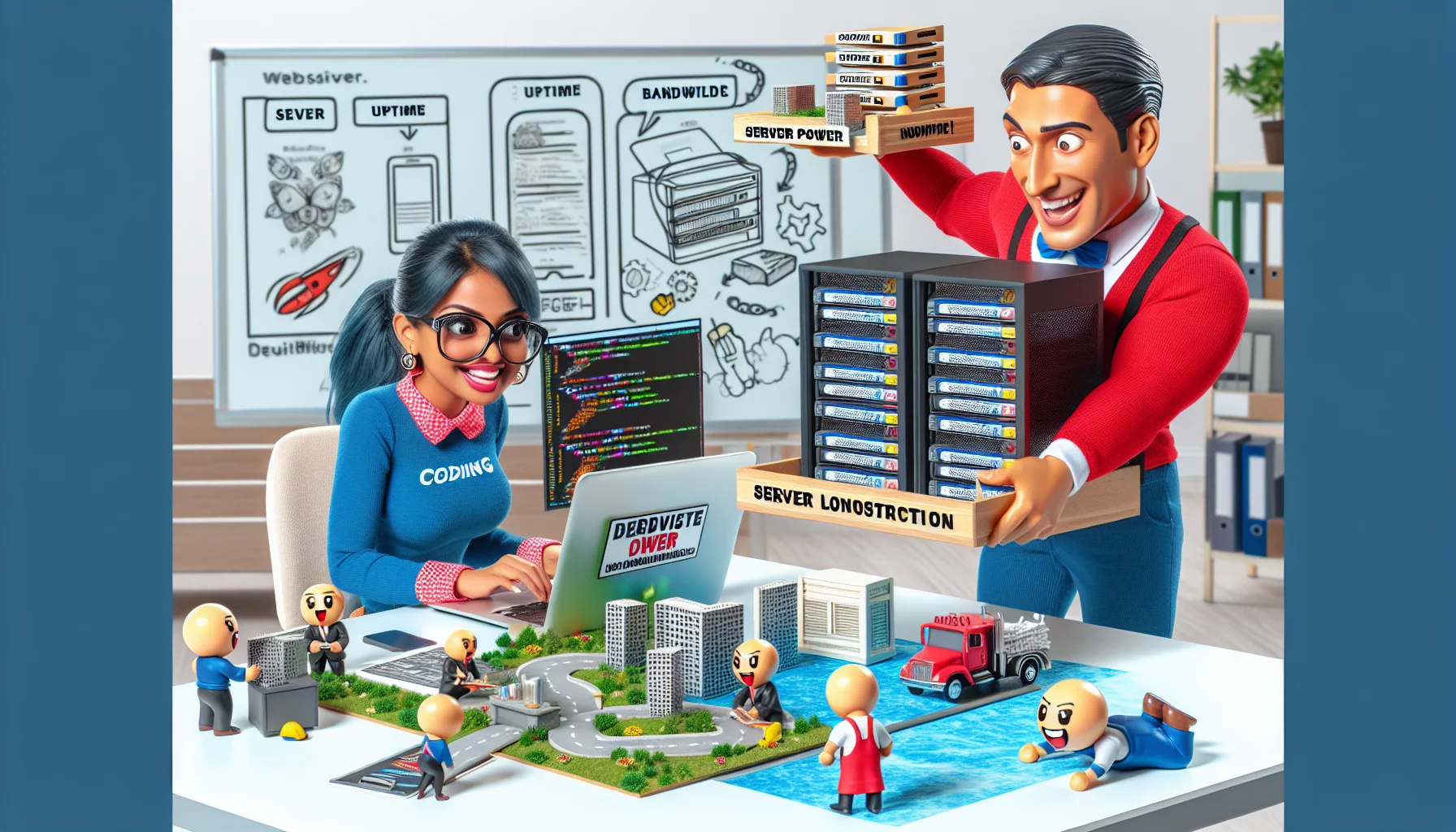 Create an image featuring an amusing scenario that promotes web hosting services for nonprofit organizations. Depict a South Asian female web developer with a bubbly personality, enthusiastically coding on her laptop, while a humorous Hispanic male server character hovers with a tray of 3D models representing 'server power', 'uptime', and 'bandwidth'. They are in a bright office with tech-inspired decorations and a large whiteboard which has sketches of website designs for nonprofits. Sprinkle the scene with visual puns and clever details related to website building, like small construction tools working on a miniature website construction site on the office desk.