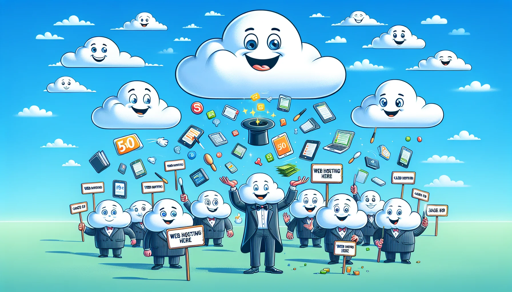 Imagine a humorous scenario of sage 50 cloud hosting. Visualize a group of cartoon clouds, with various human-like expressions, juggling numerous digital icons representing data, files, and applications. Among them is the biggest cloud pretending to be a magician, pulling a '50 sign', symbolizing sage 50, out of a virtual hat. Below them, a line of other cheerful clouds are forming a parade. They all have signs that read 'Web Hosting Here' in bold, appealing fonts. The background is a beautiful, clear blue sky. The scene should feel light, amusing, and stress-free, highlighting the ease and simplicity of sage 50 cloud hosting.