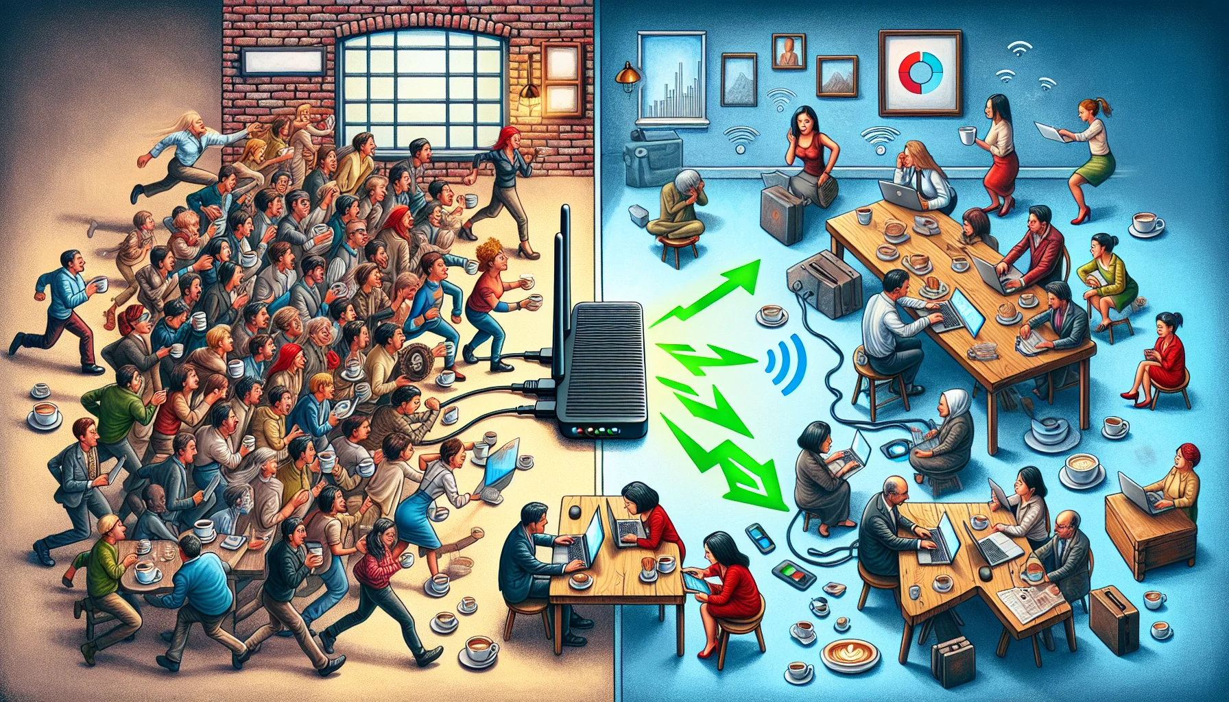 Create a humorous, realistic image representing the concept of shared hosting and dedicated hosting. On the left side, depict a bustling, crowded coffee shop filled with people of various genders and descents all attempting to connect to a single Wi-Fi router illustrated as a symbol of shared hosting. Emphasize the clutter of coffee cups, laptops, and network cords to represent overload. On the right side, envision a peaceful, tranquil home office setup with a single user, an East Asian woman, connected to a top-notch Wi-Fi router, representing dedicated hosting. Use visual metaphors like speed symbols and green check marks for a fast, uninterrupted connection to imply the advantages of dedicated hosting.