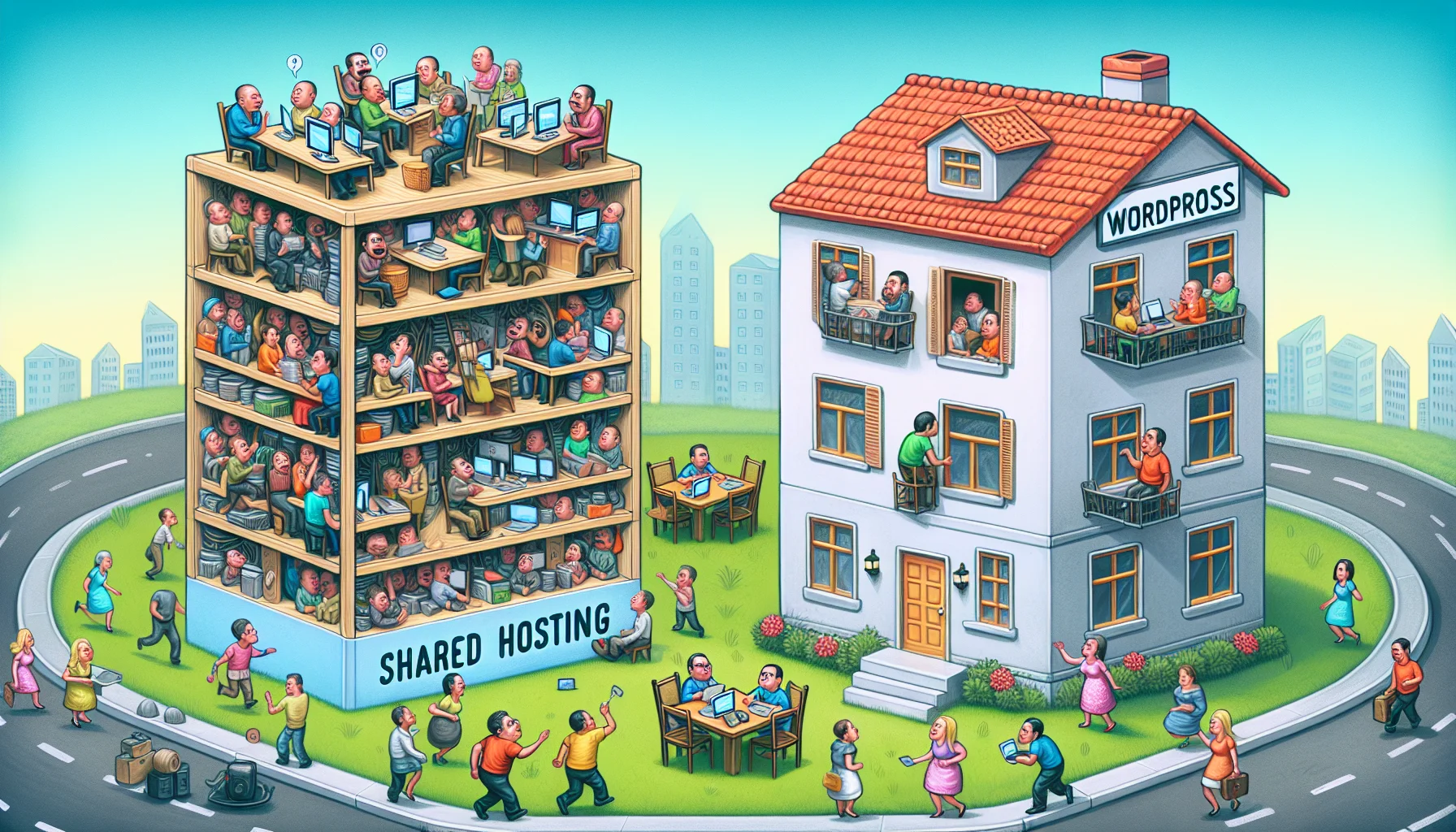 Depict a humorous yet realistic scene of a shared hosting represented as a bustling, chaotic city apartment with many diverse people trying to fit inside. Each person in the apartment is industriously operating a small website. Nearby, show WordPress hosting represented as a calm suburban bungalow with one Caucasian woman, one Hispanic man, each peacefully managing a larger, more efficient website. Make sure the contrast between the two scenarios is exaggerated for comedic effect, highlighting both the benefits and challenges of each hosting option, in an enticing way that caught the viewers' interest in web hosting.