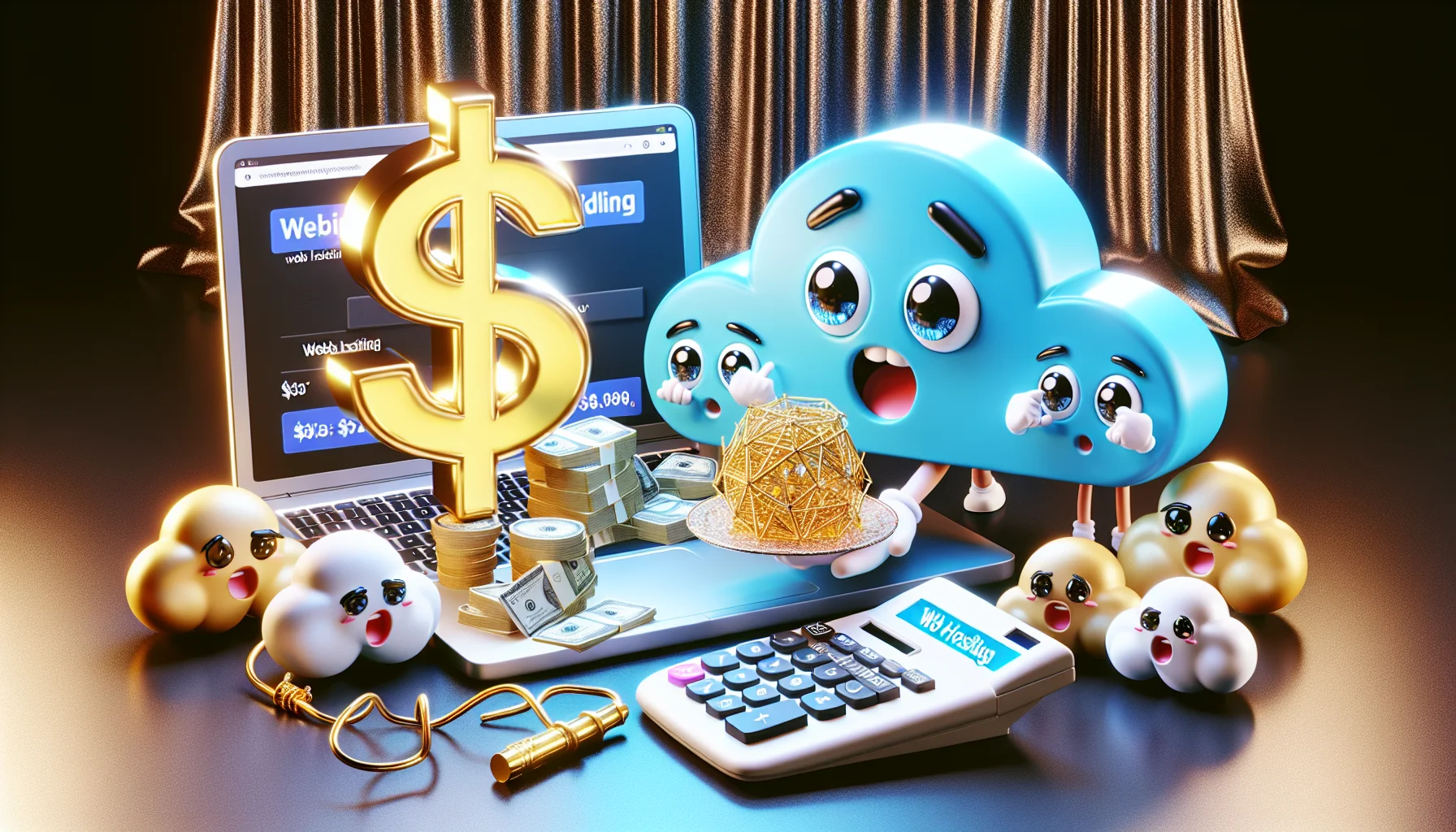 An imaginative scenario demonstrating the cost of using a generic online website builder in a humorous light. The scene focuses on a large, glowing computer screen with a cartoony dollar sign, indicating the calculator for website building costs. A group of amiable, quirky internet mascots, consisting of an Asian male cloud symbol, a Middle-Eastern female Wi-Fi symbol, and a black non-binary Ethernet cable symbol, are all gazing at the screen with surprised expressions. To add the element of enticement for web hosting, there's an image of a golden key with 'web hosting' engraved on it, shimmering enticingly on a satin cushion nearby.