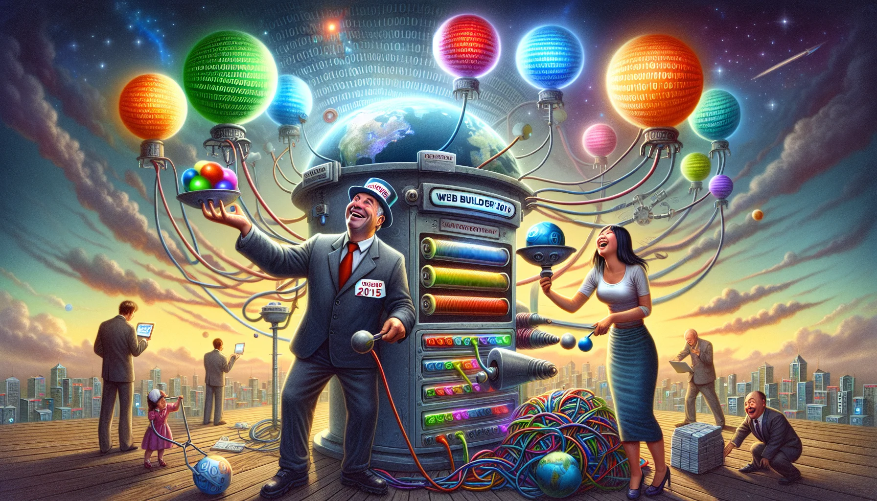 Imagine a humorous scene related to web hosting: a Caucasian man wearing a 'Web Builder of 2015' hat is juggling five vibrant globes, each representing a different website. Next to him, an Asian woman is laughing while adjusting a large lever labeled 'Bandwidth' on a whimsical machine with wires and blinking lights. In the background, a fantastical cityscape made of server towers is visible under a sky streaked with binary code.