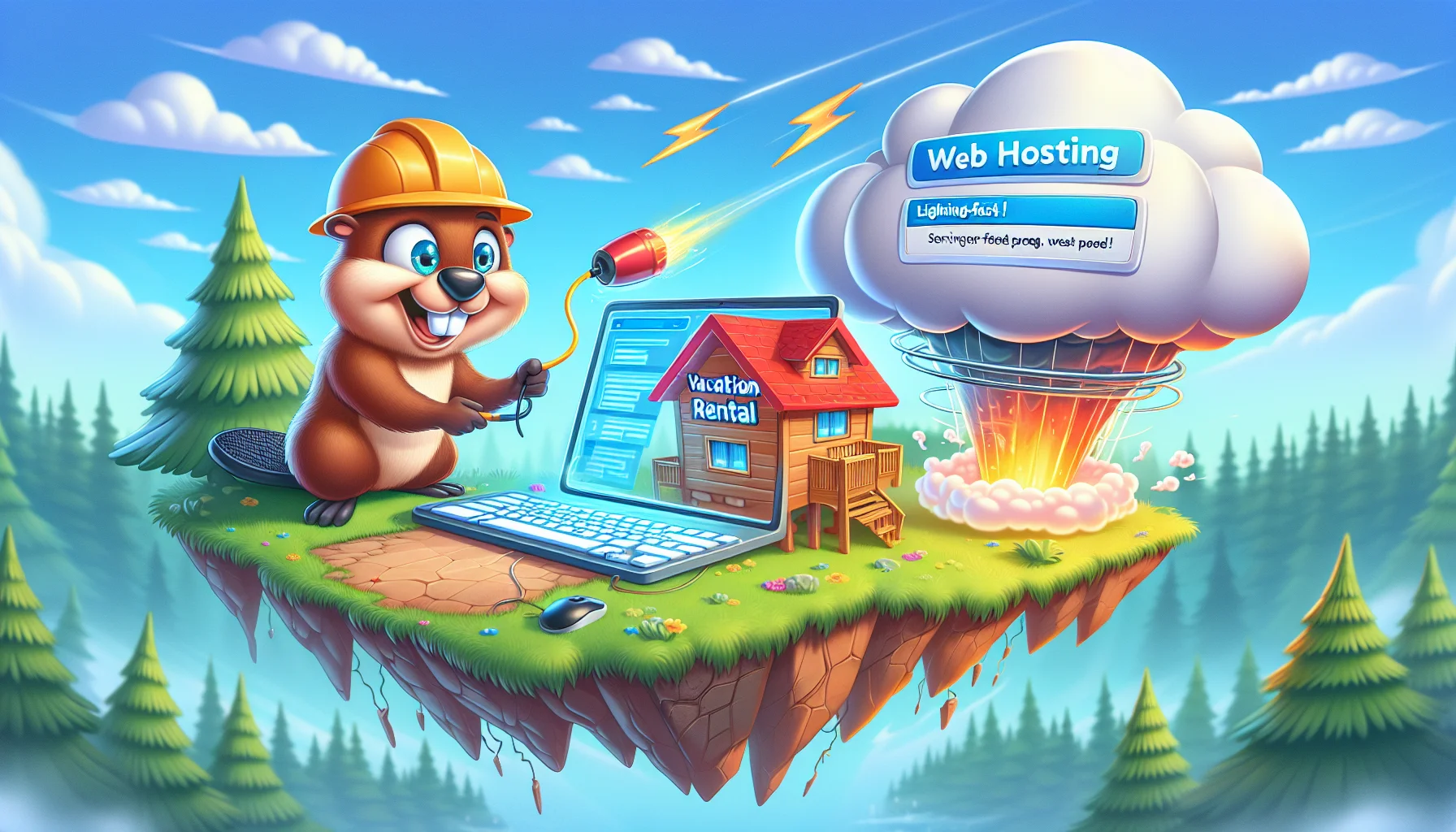 Imagine a light-hearted and humorous scenario involving a vacation rental website builder. The site builder is caricatured as a busy beaver with a hard hat typing away on a large, futuristic computer floating in mid-air. The beaver is in the middle of constructing a digital house, representative of the vacation rental website. On one side of the image, there's a cloud with a 'web hosting' label offering services like lightning-fast speed, represented by little lightning bolts racing around the cloud. The scene is set in a vibrant and lush forest environment adding a dash of fun to the entire scene.
