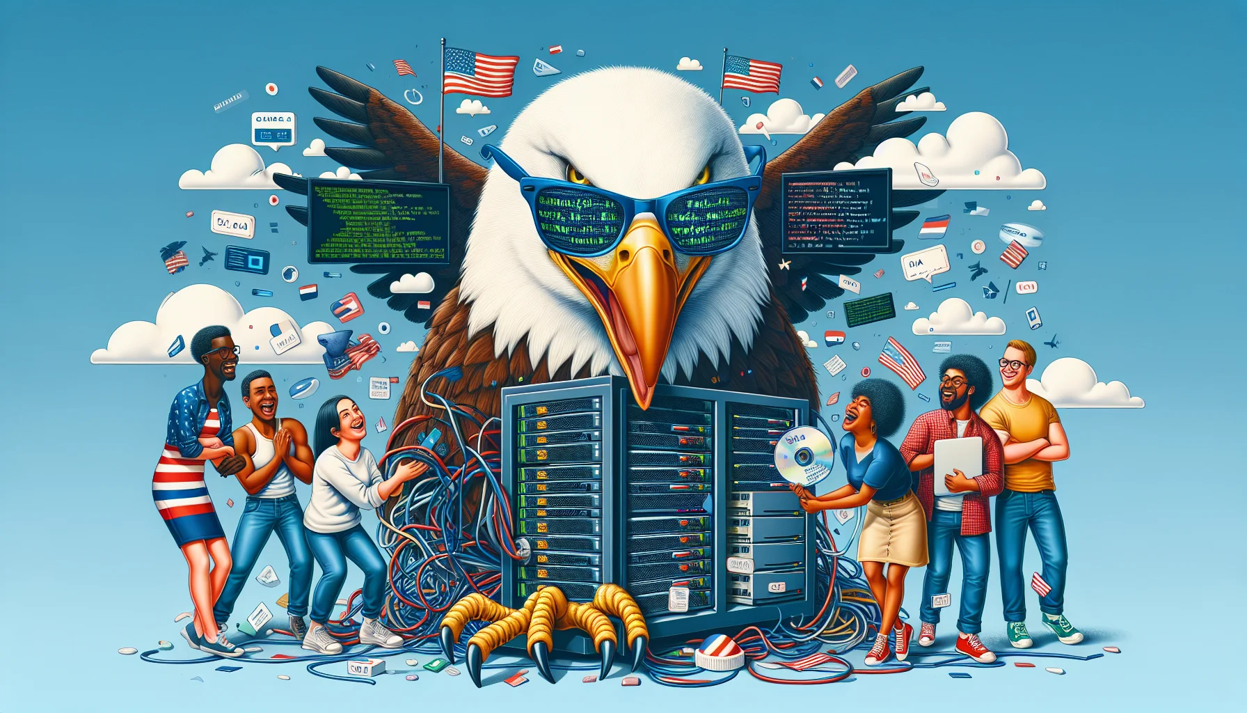Create a whimsical and enthralling image that tells a comedic story of virtual private server (VPS) hosting in the USA. The image should include symbols representative of the USA and technology, like a bald eagle wearing digital glasses with code reflections, holding a server rack on its talons. A group of diverse people, such as a Black female network engineer, a Hispanic male web developer, a Middle-Eastern female sysadmin, a Caucasian male UX designer, and a South-Asian female software engineer, should be shown laughing and engaging with the server in a jovial way, emphasizing enthusiasm for web hosting.