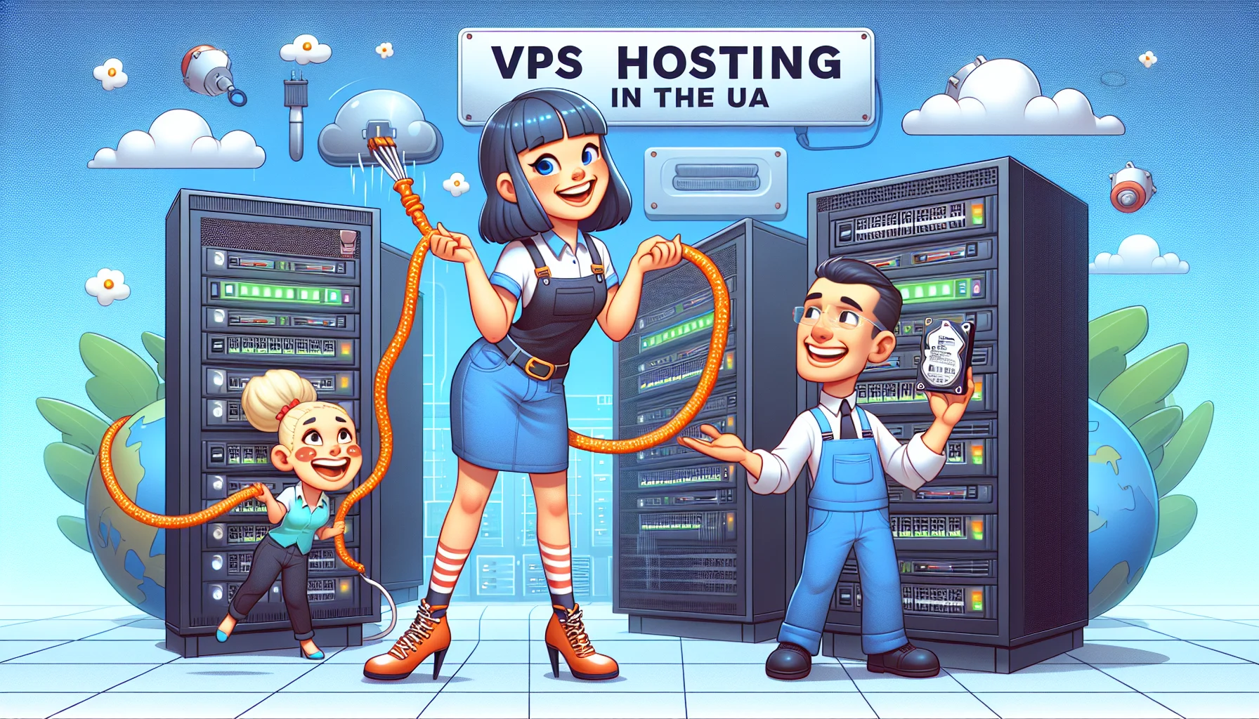 Imagine a humorous scenario taking place in a data center representing VPS hosting in the USA. There are cartoon characters interacting in this tech environment. One is a friendly-looking, tall Asian female technician with a big smile, holding a network cable that playfully looks like a lasso. Another is a quirky Caucasian male manager holding a hard drive like it's a valuable treasure. They're surrounded by servers and networking equipment that are comically personified, having friendly faces and acting like they're part of the fun. All elements come together in a lively and enticing representation of web hosting.