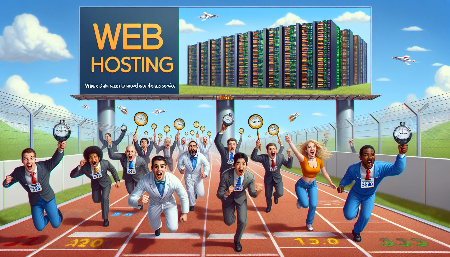 Generate an image showcasing a humorous scene related to web hosting, designed to elicit interest in web hosting services. Visualize a group of colourful data packets racing on a track towards a towering server building, cheering wildly as they approach the finish line. A multinational collection of IT workers, presenting a variety of genders and descents like Hispanic, Middle-Eastern, South Asian, and Black, are keeping track of the race, holding stopwatches, shaking their heads in amazement. On a billboard, write 'Web Hosting - Where Data Races to Provide World-class Service'.