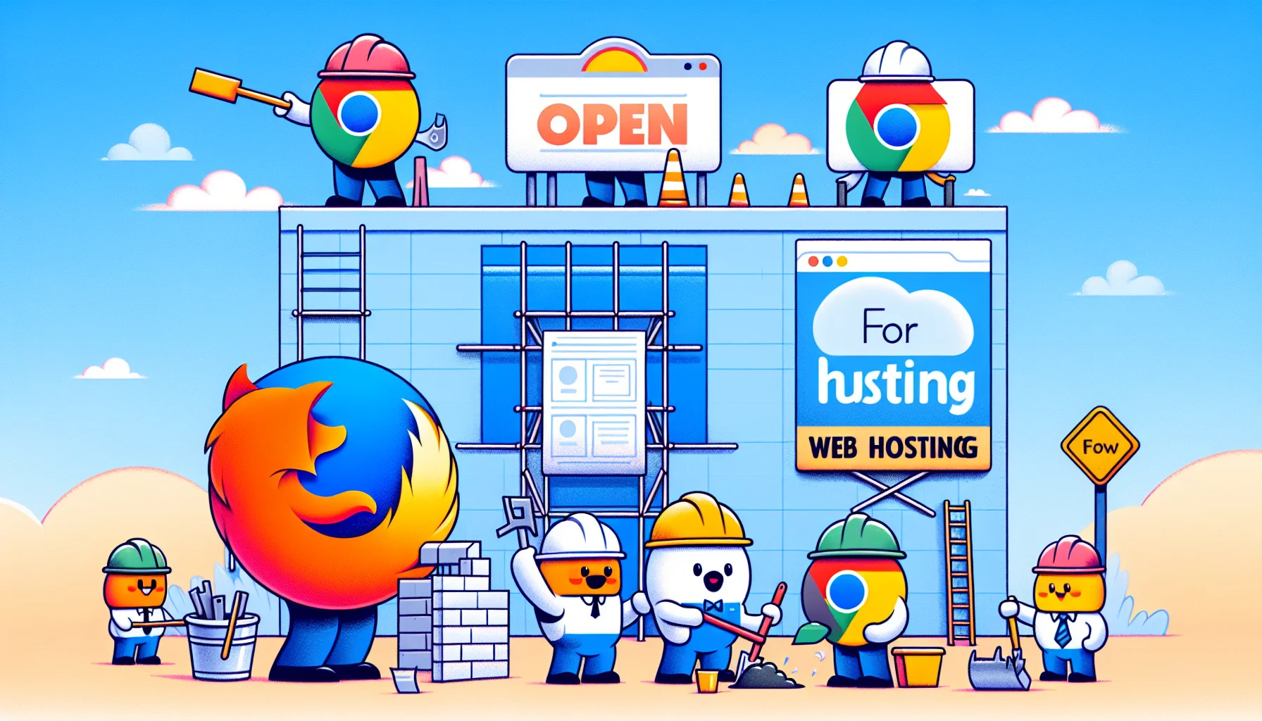 Create a whimsical illustration where anthropomorphic browser icons are constructing a website, like builders at a construction site, symbolizing the Webflow website builder. Each browser icon could have its own unique construction role. For instance, the Firefox icon might be overseeing the blueprints, Chrome may be pouring cement, while Safari could be putting up scaffolding. In the background, a large, playful billboard advertising web hosting services. The billboard could show a cloud with an 'Open for Business' sign, indicating the ease and readiness of web hosting.