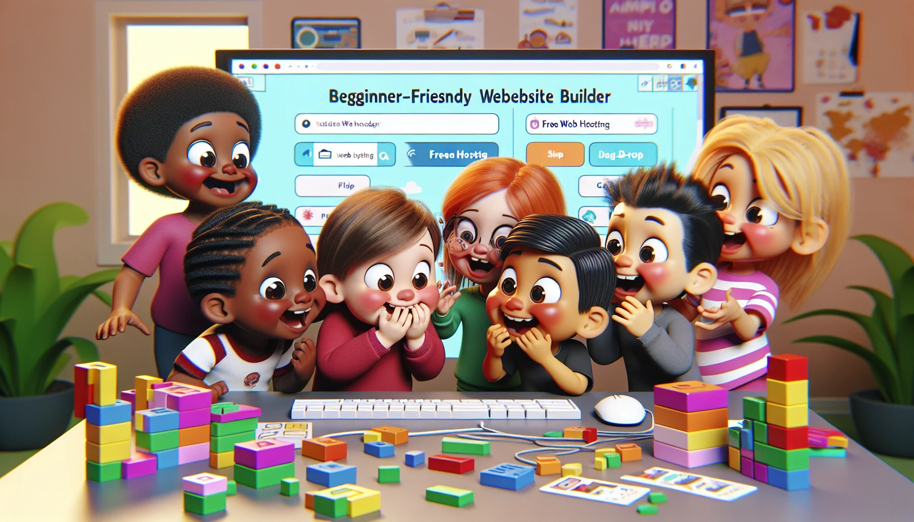 Render a realistic image showing an amusing scenario where kids of various descents including Hispanic, Black, Asian and Caucasian are building a website together. They are curiously exploring the interface of a beginner-friendly website builder, with large, colorful icons and a drag-and-drop system. There's a sigh of comic relief on their faces as they find an enticing 'Free Web Hosting' button. The atmosphere is filled with creativity, curiosity and fun, vividly portraying the joy of learning and building websites at a young age.