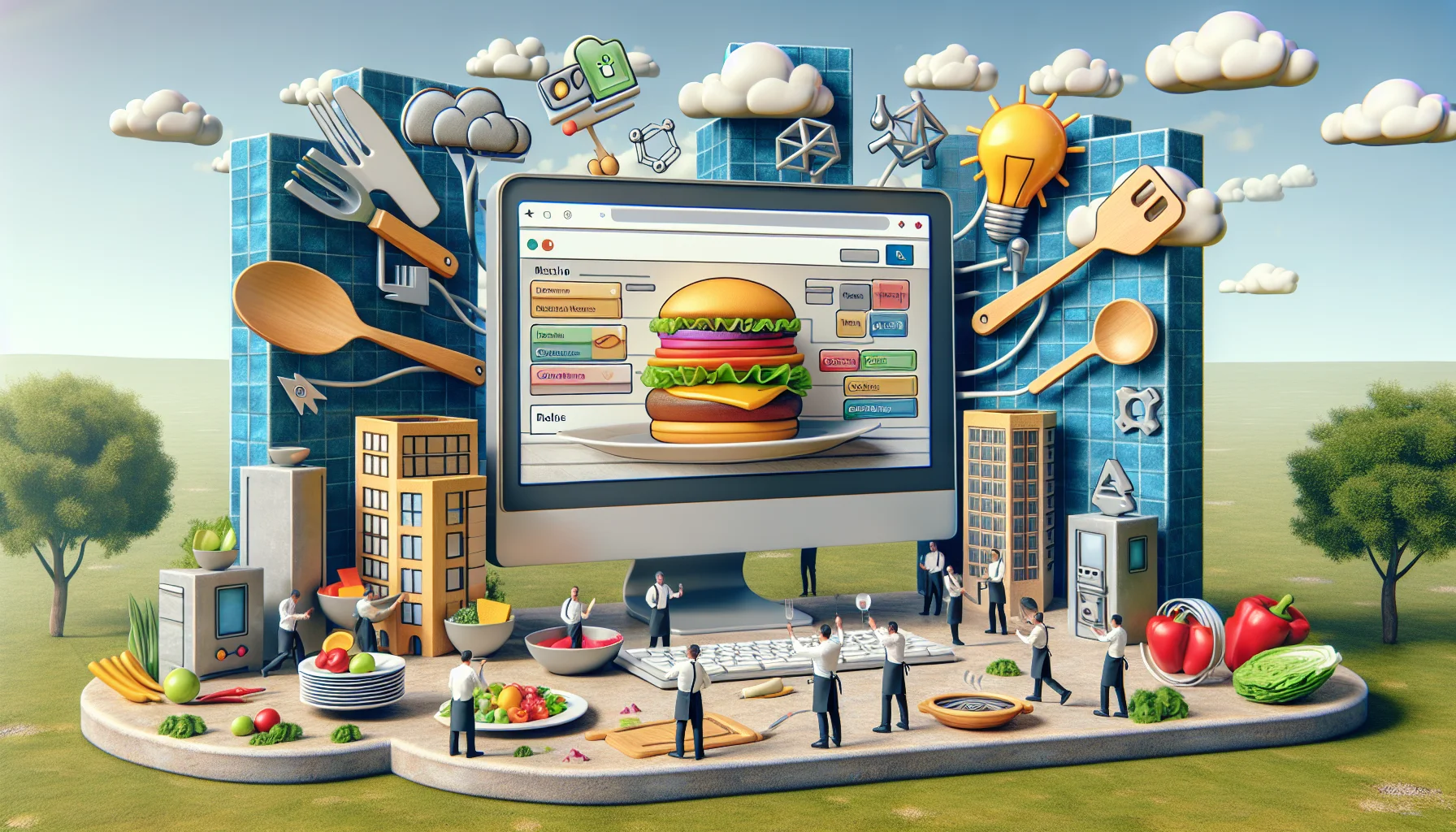 Imagine a humorous digital landscape. At the center, there's an oversized desktop monitor displaying a vibrant, interactive webpage with elements suggesting it's a restaurant. Beside it, a variety of iconic web tools like menus, plug-ins, widgets, and coding icons are animatedly ‘cooking’ up web components on a large chef's table. The scene is playful, suggesting that building a restaurant website is as fun and creative as cooking up a gourmet meal. The background subtly hints at the reliable nature of web hosting services symbolized by sturdy, digital 'pillars' supporting a cloud.