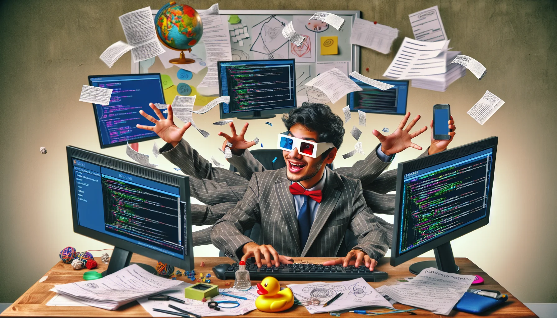 Create a humorous image which underscores the theme of web hosting. Display a generic website building software in a funny setup: The software is personified as an affable, young South Asian man wearing 3D glasses and working on multiple computer screens. Codes are flying around him in a chaotic manner, it seems like he's defying gravity. The scene should be in an overtly large workspace filled with odd objects like rubber duckies, a spinning globe, papers with scribbled doodles. The image should feel both charming and enticing for prospective clients who'd want web hosting.
