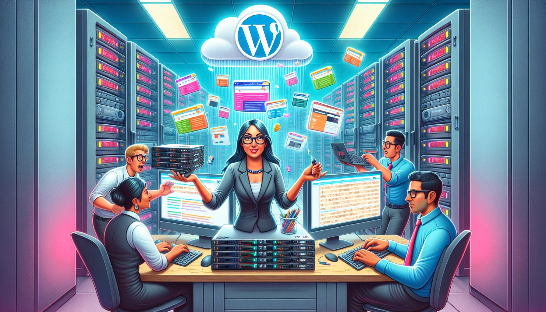 Create a humorous, detailed scene set in an IT department. Some individuals are standing around a large glowing monitor that showcases a WordPress logo. Behind them, servers are buzzing with activity. One person, a Middle-Eastern woman in her 30s, is expertly juggling multiple websites represented as colorful, 3D models of webpages. Another individual, a Hispanic man with glasses, is furiously typing on two keyboards simultaneously with a focused expression, while a white digital cloud hovers above him catching and neatly organizing streams of binary code pouring from above. These elements together represent the concept of managed WordPress hosting: keeping multiple websites, handling high traffic, and data management.