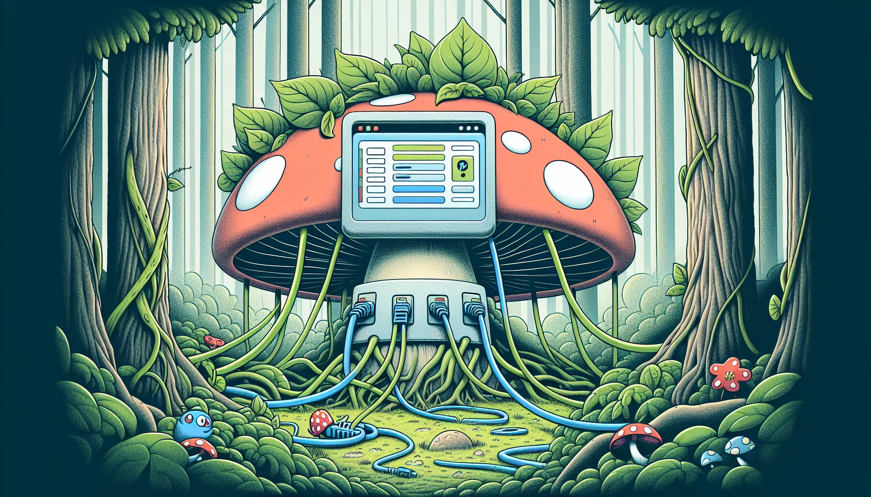 Design an amusing and engaging scene displaying a control panel for a website, similar in function to a concept like a wordpress cpanel, situated in an unexpectedly whimsical scenario. Perhaps the control panel is perched on an overgrown, cartoonish mushroom in a dense forest, with data streams resembling meandering vines extending from it. Enhance the humor by introducing a few digital creatures interacting with it, visually indicating ongoing website hosting and maintenance processes.