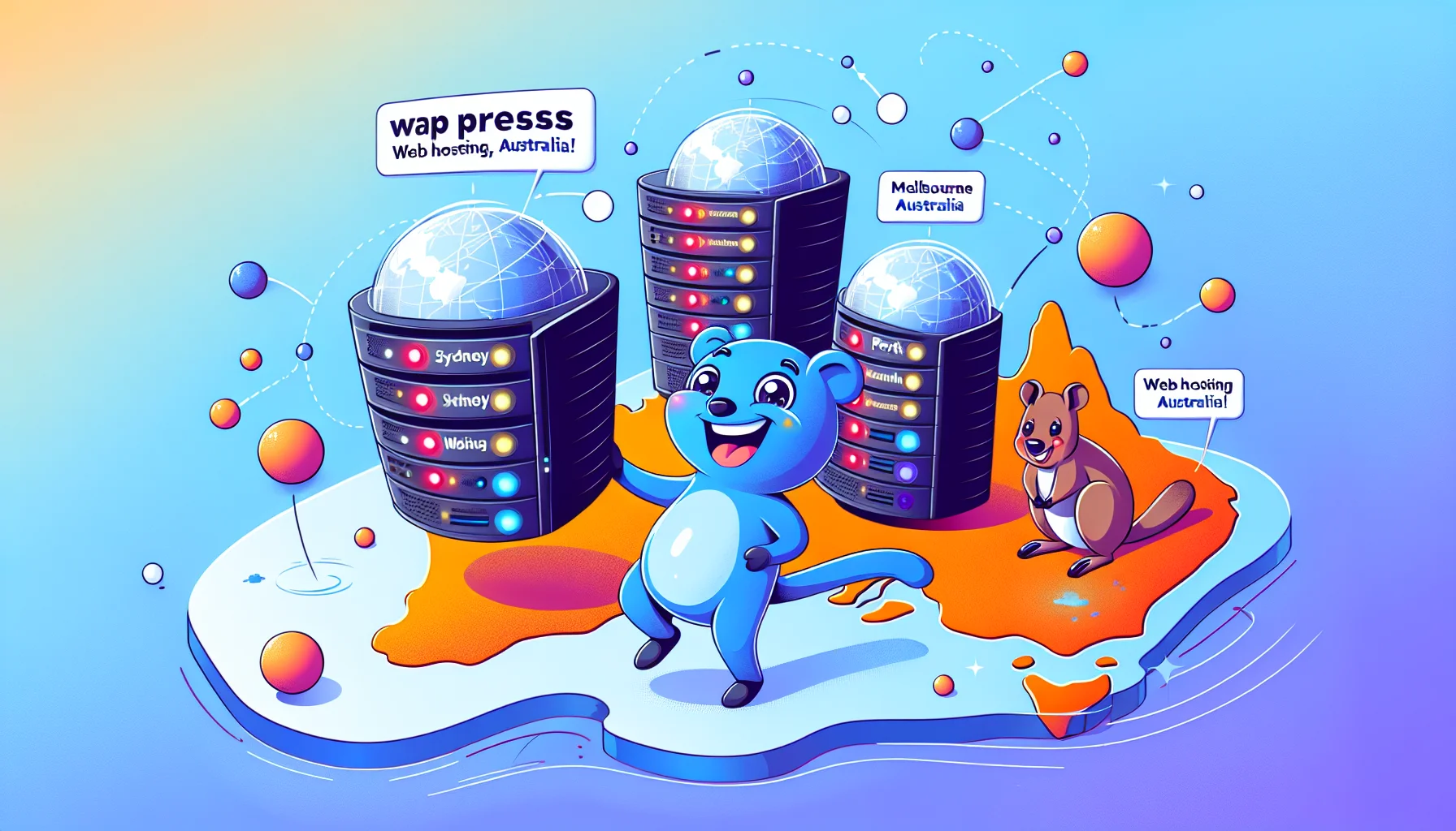 Create an image showcasing a humorous scene related to hosting a website using an abstract character named 'WPress'. This character is playfully juggling three servers named 'Sydney', 'Melbourne', and 'Perth', against a colorful illustration of the Australian map. Each server is represented by a shiny sphere with glowing dots indicating activity. Meanwhile, a quokka, the happiest animal in the world and native to Australia, is cheering on 'WPress' with a banner reading 'Web Hosting, Australia!'.