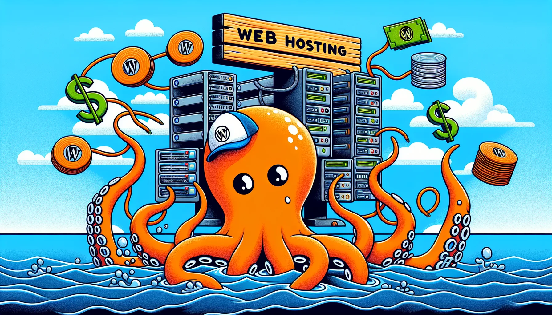 Create a humorous scenario involving an orange octopus whose tentacles are busily juggling various symbols related to web hosting such as server racks, databases and cloud symbols. The octopus is wearing a cap with a W logo, denoting its expertise in WordPress. Behind the octopus, there's a signboard with 'GoDaddy' inscribed on it, surrounded by comic dollar signs alluding to enticing deals. The oceanic background, with submarine cables, further underlines the concept of internet connectivity. Colors should be bright and appealing, with clear contrast between the elements.