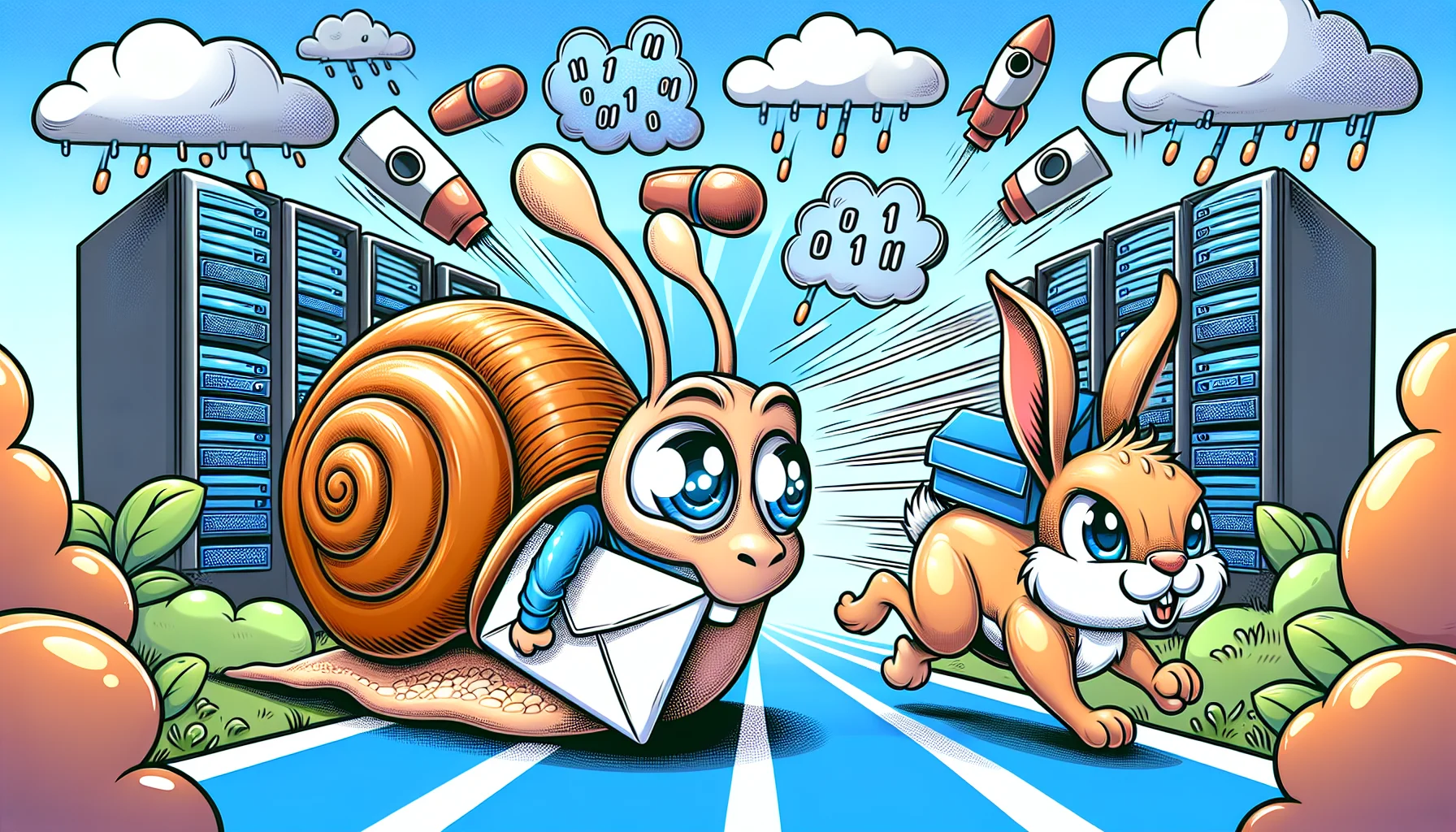 Create a comic-style illustration that humorously showcases an email hosting service, captured through an enticing web hosting scenario. Imagine a mascotted snail carrying a large envelope, symbolizing email, racing against a hare that symbolizes high-speed internet. The background is filled with vivid representations of web hosting: stylized servers, cloud symbols, and binary code rain. Mischievous and curious expressions mark the faces of snail and hare, creating a playful learning atmosphere about the importance of email hosting in the world of web hosting.